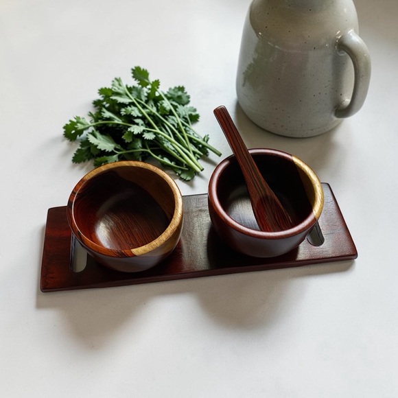 Other - Vintage Wooden Double Bowl Set with Spoon - Rich Brown and Natural Wood Trim